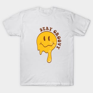 Groovy Melting Smile Face with lettering quote in 70s style. Drippy Smiley Face. T-Shirt